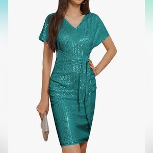 NWT GRACE KARIN Women's V Neck Ruched Sequin Dress Short Sleeve Bodycon Dress